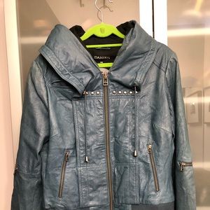 Leather hooded jacket.